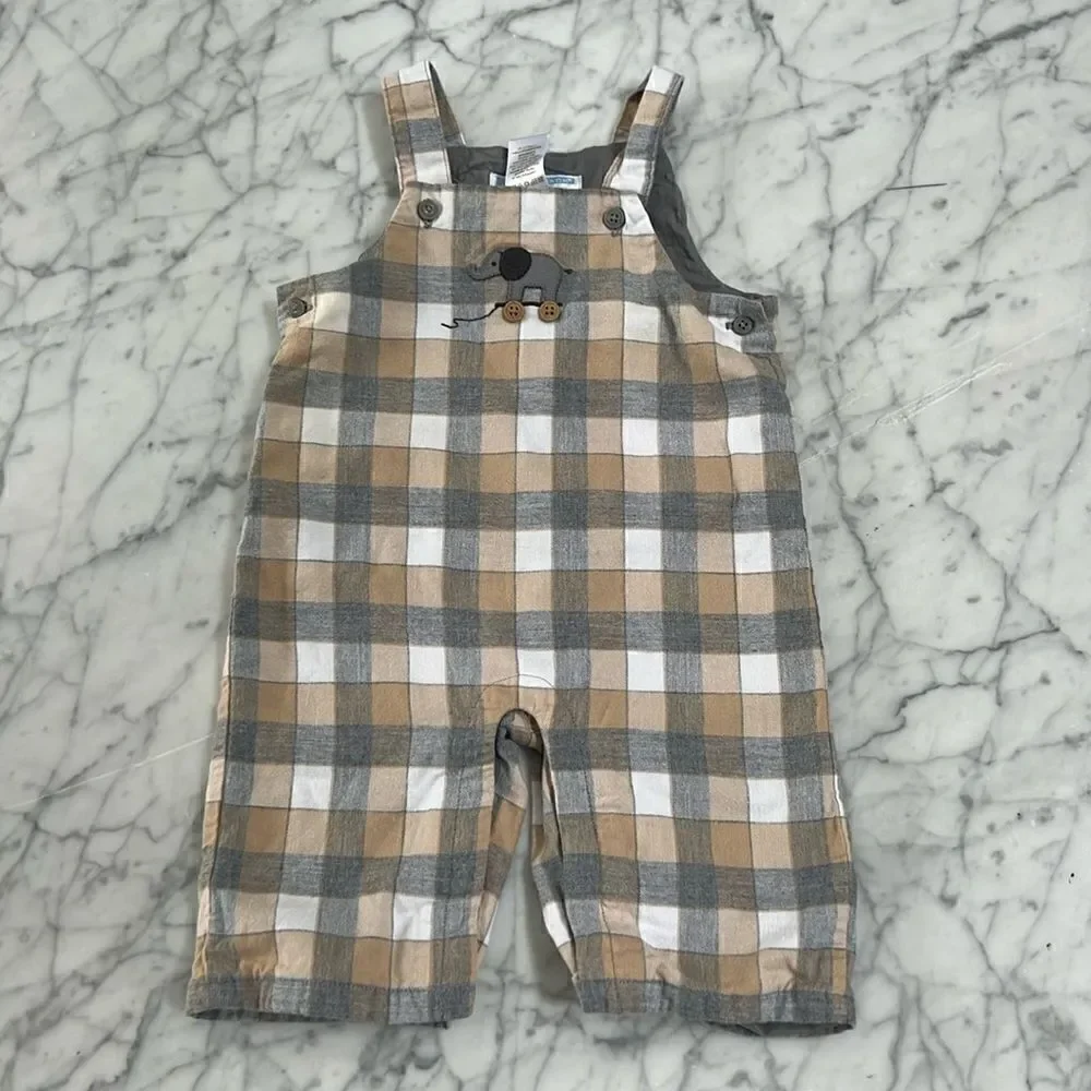 Janie and Jack Elephant Plaid Romper Sz 0-3 Mo